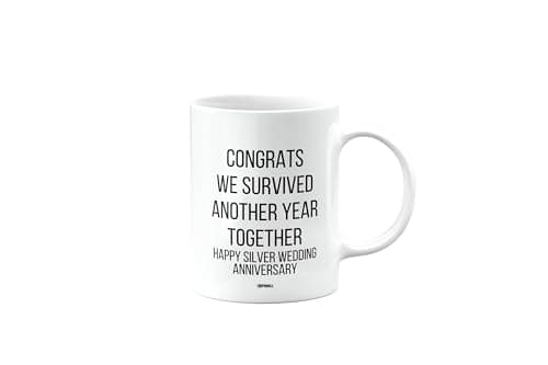 Image of Congrats, we survived another year together, Happy Silver Wedding Anniversary mug for Husband, Boyfriend, Wife, Girlfriend, Funny, Valentines Gifts for Him or Her, Presents, Cup, mm- CA_313_117
