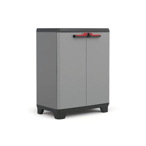 Image of Keter STILO Low Cabinet - Lockable Storage Cabinet - Shelf and Adjustable Feet, Soft Touch Handle - Kitchen, Garage, Workshop, Cupboard - 68 x 39 x 90 cm - Grey/Black/Red