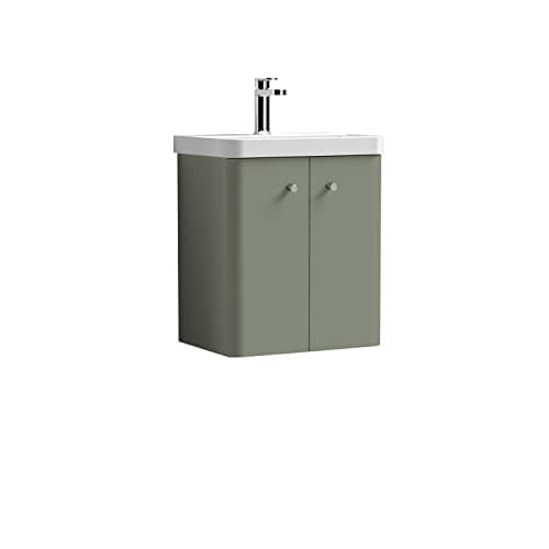 Image of nuie COR803 Core Modern Bathroom Wall Hung 2 Door Vanity Unit with Ceramic Basin, 500mm, Satin Green