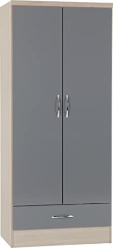 Image of Seconique Nevada 2 Door 1 Drawer Wardrobe in Grey Gloss/Light Oak Effect Veneer