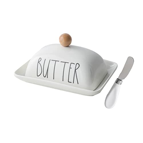 Image of Farmhouse Decorative Kitchen Countertop Porcelain Butter & Cream Cheese Dish with Lid,Butter Keeper with Cover for East West Coast Butter,White