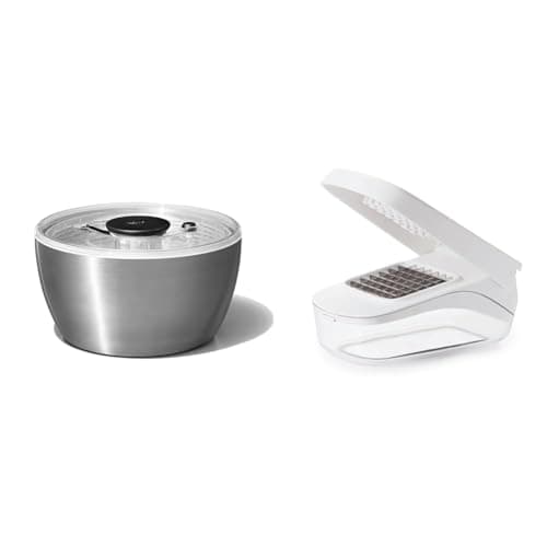 Image of OXO Steel Salad Spinner & Good Grips Vegetable Chopper with Easy-Pour Opening, White, 10.7 x 26.2 x 16.5 cm