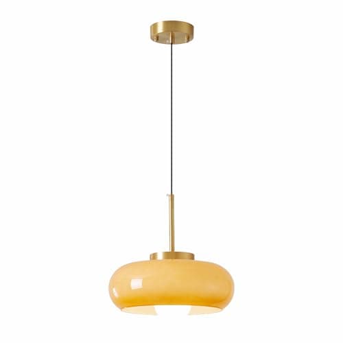 Image of NICRX Modern Retro Pendant Light with Creamy White or Amber Glass Shade, Gold Finish Ceiling Light, E27 Socket, Adjustable Height Hanging Lamp for Hallway, Kitchen, Dining Room (Amber)
