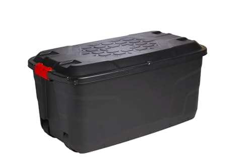 Image of Strata Heavy Duty Large Storage Box with Lid, 145L, Lockable, Indoor/Outdoor, Wheeled, Black with Red Handles