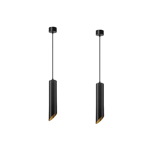 Image of DC VOLTAGE Modern Black Pendant Ceiling Light, Adjustable Hanging Lamp Max 95cm, 30cm Cylindrical Metal Shade with Gold Inner, 6cm Diameter, Kitchen Island Dining Room Lighting