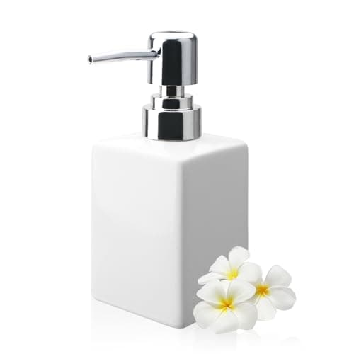 Image of White Ceramic Soap Dispenser - 320ml/11oz Square Hand Soap Bottle with Long Spout & Rustproof Pump, Refillable for Bathroom, Kitchen, Office & Hotel Use