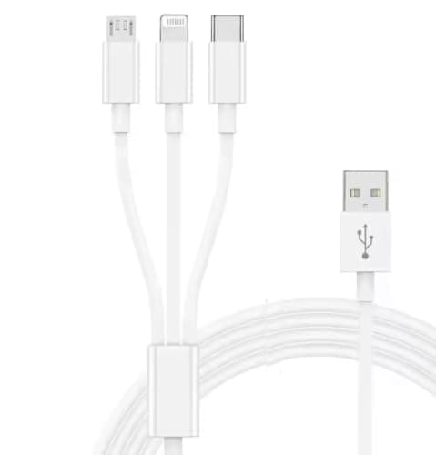 Image of 3 in 1 Multi Charger, USB C PD Fast Charging Cable with IP, Micro USB, USBC, 1.2M,for iPhone 17Pro Max,16,15,14, Android, Huawei, MacBook,AirPods,Pad (White, 3IN1 Cable With USB Power Port)