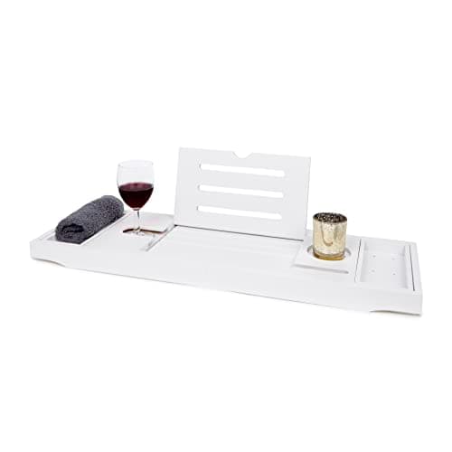 Image of Deep Calm Bath Caddy – Extendable Bath Tray Holds Book, iPad, Tablet, Phone, Wine Glass, Candle - Adjustable Bathtub Table – Luxury, Natural Bamboo Bath Shelf (White)