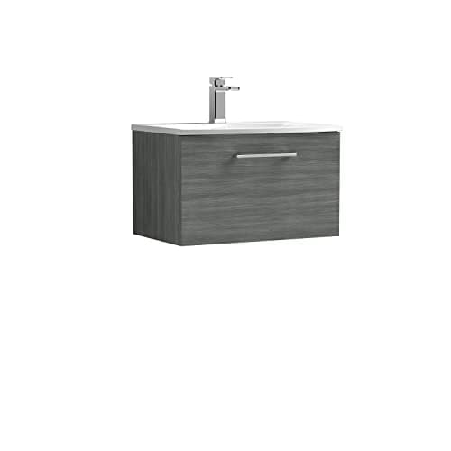 Image of nuie ARN522G Arno Modern Bathroom Wall Hung 1 Drawer Vanity Unit with Curved Ceramic Basin, 600mm, Woodgrain Anthracite