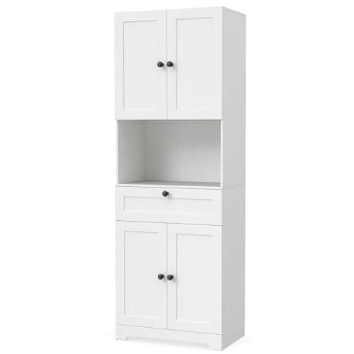 Image of TANGZON Tall Kitchen Cupboard, 4-Door Pantry Cabinet with Adjustable Shelf, Drawer, Countertop & Anti-tipping Kits, Freestanding Sideboard Kitchen Storage Unit for Dining Living Room (White)