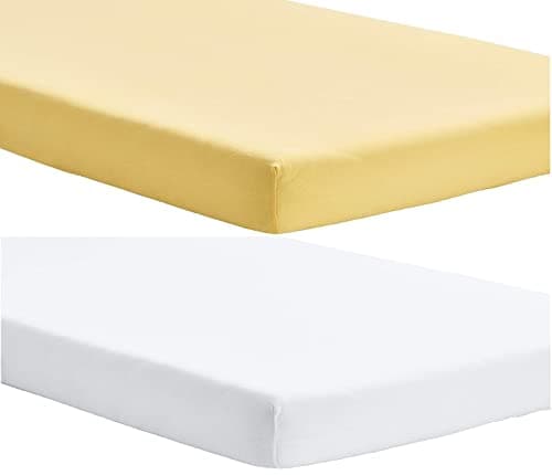 Image of Dudu N Girlie Travel Cot Jersey Cotton Sheets (Pack of 2), 95x65cm - T-Shirt Soft 4-Way Stretch, Snug Fit Breathable Mattress Cover - White & Yellow