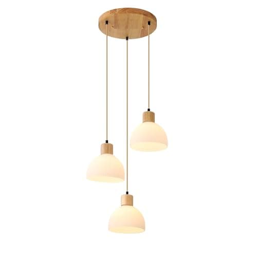 Image of Schindora Pendant Light 3 Lights,Wood and White Glass Kitchen Lights Ceiling E27 Height Adjustable Hanging Lamps for Living Dining Bedroom Breakfast