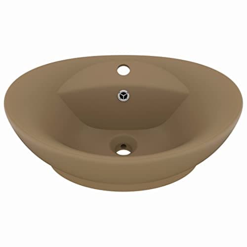 Image of vidaXL Luxury Oval Ceramic Basin | Cream Matte Finish | Modern Above-Counter Bathroom Washbasin with Overflow and Faucet Hole