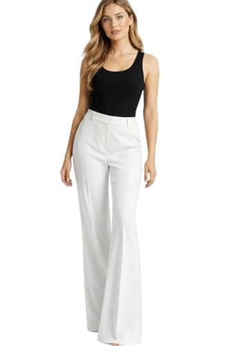 Image of INSAFIANS Women’s Wide Leg Bell Bottom Trousers Stretchy High Waist Work Office Business Pants (White 14 Short)