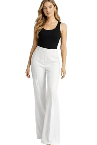Image of INSAFIANS Women’s Wide Leg Bell Bottom Trousers Stretchy High Waist Work Office Business Pants (White 14 Short)