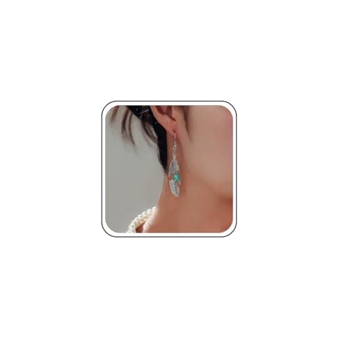 Image of TseenYi Boho Turquoise Silver Feather Dangle Earring Vintage Leaf Drop Earring