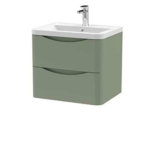 Image of nuie LUN802A Lunar Modern Bathroom Wall Hung 2 Drawer Vanity Basin Unit & Ceramic Basin, 600mm, Satin Green