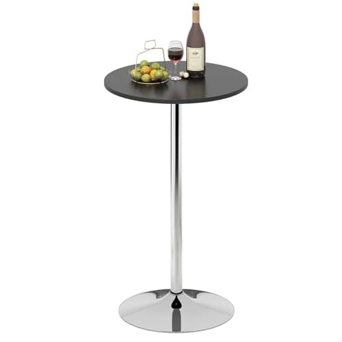 Image of TANGZON Bar Table, 60 cm Round Bistro Table with Fixed Top, Silver Leg & Stable Base, Circular Cocktail Dining Table for Kitchen, Restaurant and Cafe (Black)