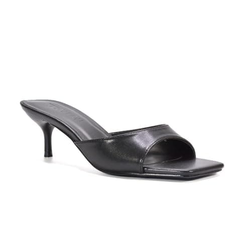 Image of ESSEX GLAM Women's Square Toe Stiletto Kitten Heel Sandals Ladies Black Synthetic Leather Slip On Heeled Mule Evening Party Shoes Size 5