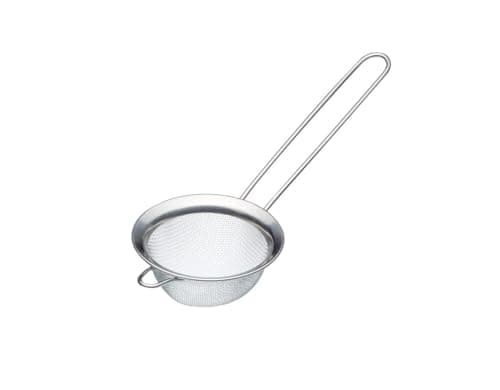 Image of MasterClass Fine Mesh Sieve, Stainless Steel, Polished Rim and Handy Round Bowl with Hooked Handle, 7.5cm (4"), Tagged Silver