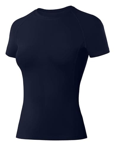 Image of WISMBOX Women's Short Sleeve Compression Base Layer, Quick Dry Breathable Gym Top, Athletic Running T-Shirt for Yoga, Cycling, Workout & Outdoor Sports Navy Blue