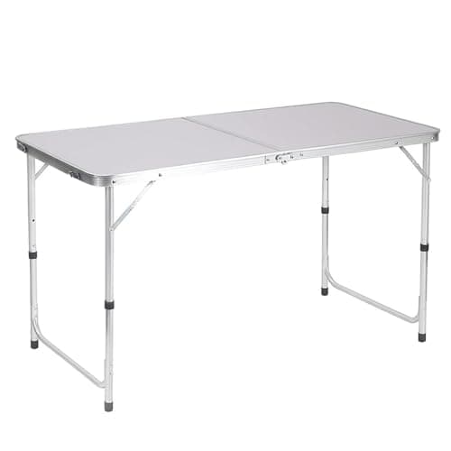 Image of Greenfields Heavy Duty Folding Table – 3 Height Adjustable Portable Aluminium Camping & Picnic Table | 4FT x 2FT Fire-Resistant MDF Top with Carry Handle | Indoor Outdoor Use