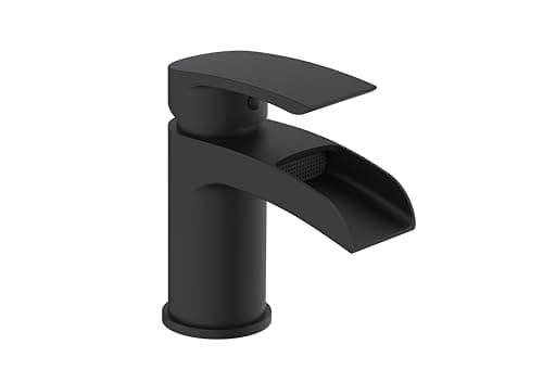 Image of VeeBath Stream Round Waterfall Mono Basin Mixer Tap – Matt Black Finish, Single Lever, Modern Sink Tap with Waste, Deck Mounted Bathroom Tap, Contemporary Design for Bathroom Basins