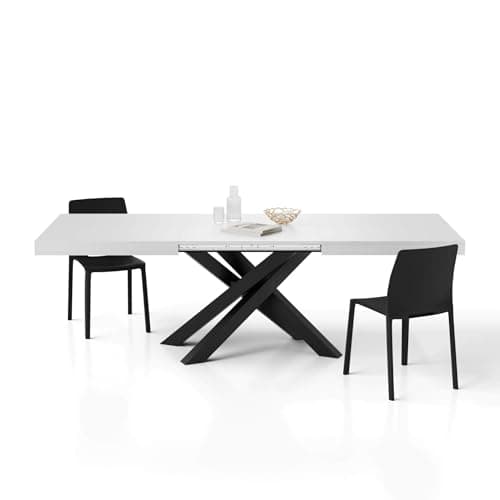 Image of Mobili Fiver, Emma 160(240) x90 cm Extendable Table, White with Black Crossed Legs, Made In Italy