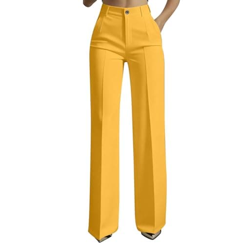 Image of Work Trousers for Women UK Tailored Office Smart Pants 2026 Fashion Ladies Elegant Wide Leg Trouser Business Clothing Palazzo Pants Women's High Waisted Suit Trousers Formal Bottoms Yellow M