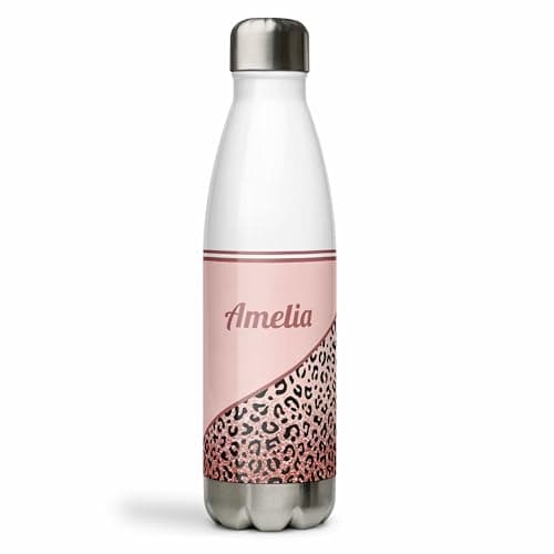 Image of Personalised Animal Print Stainless Steel Water Bottle, Vacuum Insulated for Hot and Cold Drinks, Leakproof 500ml Double Wall, Drinking for Gym, Kids, Sports, Travel - Leopard Pink Print