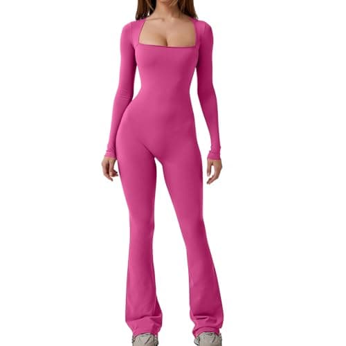 Image of Keepink Womens One Piece Bodycon Flared Jumpsuit Solid Color Wide Leg Jumpsuits Gym Sportwear Long Sleeve Backless Bodycon Rompers Sexy Skinny Tops Playsuits Clubwear