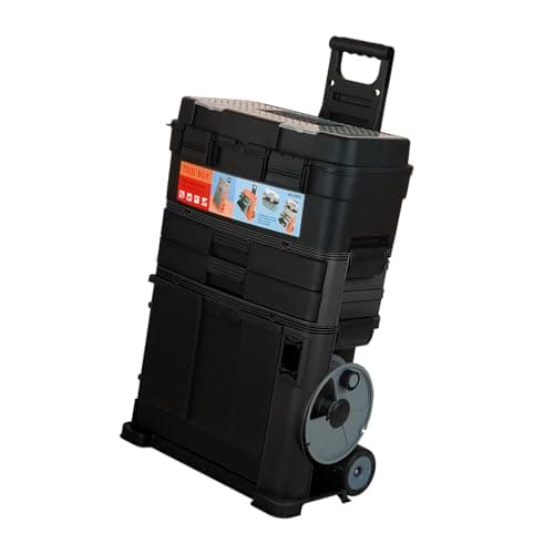 Image of SwitZer 3-in-1 Rolling Stackable Toolbox with Wheels, Telescopic Pull Handle, Top Lift-Up Compartment, Double Drawers & Bottom Tilting Bin, Black, Garage Workshop Home DIY