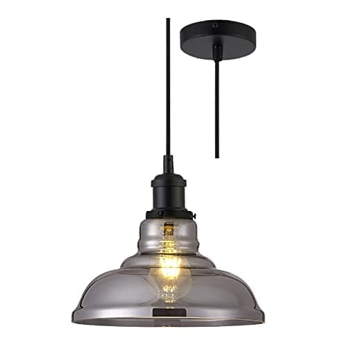 Image of Britalia Matt Black & Smoked Tapered Dome Glass Vintage Retro Pendant Ceiling Light | 28cm Diameter | Black Braided Cable | 1 x ES E27 Lamp Bulb Required | 240 Volts | Bedroom - Lounge - Kitchen
