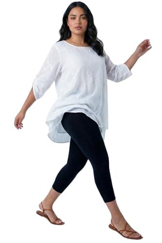 Image of Roman Cropped Legging for Women UK Ladies Capri Pants Stretch Crop Trouser Yoga Gym Shorts Cotton Elasticated High Waist 3/4 Length Sports Workout Regular Plus Size - Plus Black - Size 22