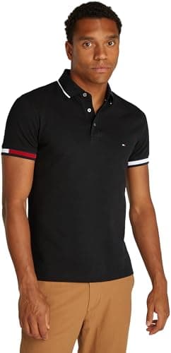 Image of Tommy Hilfiger Men’s Short Sleeve Flag Cuff Slim Fit Polo Shirt, Black (Black), XS