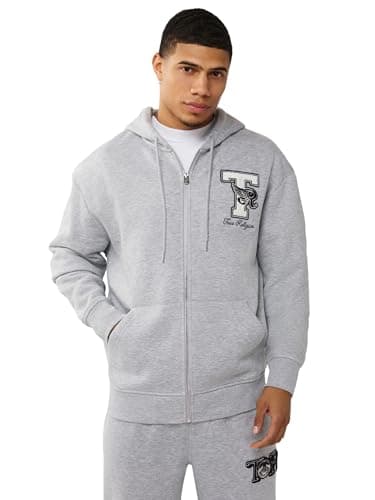 Image of True Religion World Tour Champs Zip Up Sweatshirt with Horseshoe Logo & Bold Back Graphic, Heather Grey, M