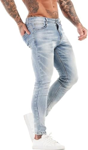 Image of GINGTTO Mens Skinny Jeans Super Stretch Slim fit Denim Pants for Men UK Smart Taper Jean Casual Trousers Lightblue 34 Waist 30 Leg
