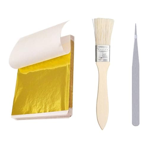 Image of 100 Pcs Gold Leaf Sheets, Edible Gold Leaf Kit with Brush Tweezer Edible for Cakes, Desserts, Chocolate, Furniture Decor, Craft, Face Masks, Nail Art, Gilding Art Supplies for Decorate