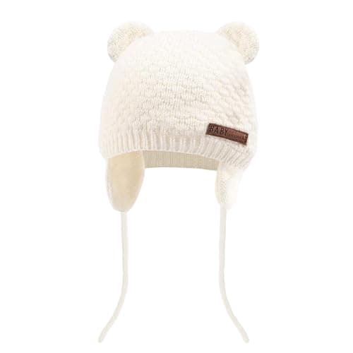 Image of Wqafe Baby Earflap Beanie Winter Hat, Winter Beanie Hat for Baby Kids Toddler Infant Newborn, Soft Baby Boy Knit Beanies Cute Bear Infant Toddler Girl Hats Warm Fall for Boys Girls (White)