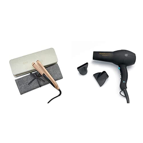 Image of Diva Pro Styling Precious Metals Touch Straightener Rose Gold with Macadamia Argan Oil and Keratin Infused Ceramic Plates, PRO201 & Veloce 3800 Pro Dryer, Black - 2200W Professional Hairdryer EDT105