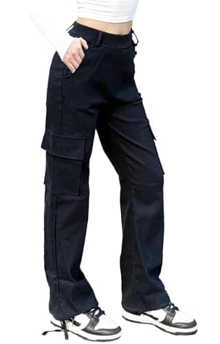 Image of Nuofengkudu Cargo Trousers Women Straight Leg Adjustable Cuffed 4 Pockets Ladies Elasticated High Waisted Loose Work Combat Bottoms Stretch Joggers Pants Teen School Y2K Streetwear Casual Black L