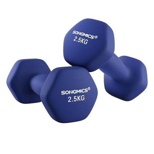 Image of SONGMICS Set of 2 Dumbbells, 2 x 2.5 kg Hand Weights with Neoprene Coating, Hexagonal Dumbbells Pair, Home Workout, Fitness Training Exercise, Blue SYL65BU
