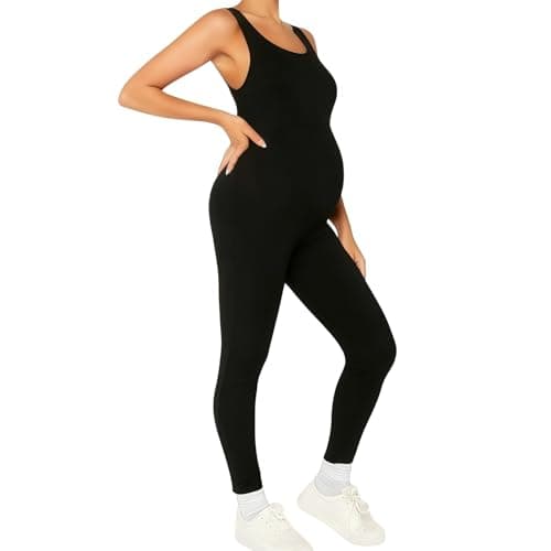 Image of SamHeng Sleeveless Maternity Jumpsuit Black Yoga Jumpsuits Seamless Pregnancy Leggings Bodysuit U-Neck Full Length Sports Playsuit Slim Fit Casual Workout Going Outfits Activewear, L
