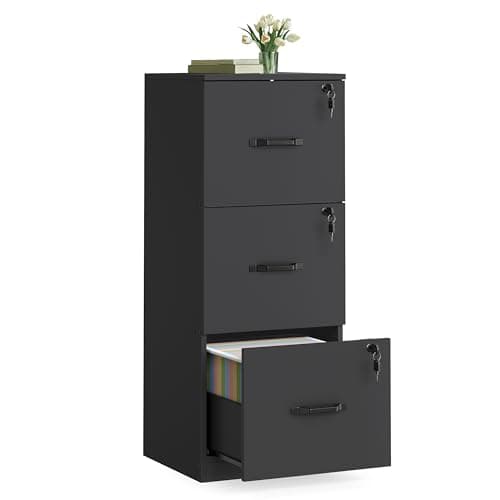 Image of VASAGLE File Cabinet, Filing Cabinet for Home Office, Printer Stand, with 3 Lockable Drawers, Adjustable Hanging Rails, for A4 and Letter-Size Files, Ink Black OFC055B16