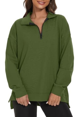 Image of APEIYU Women's Sweatshirts Long Sleeve Tops For Ladies Sweatshirts Half Zip Loose Sweatshirts Casual Knit Pullover Olive XL