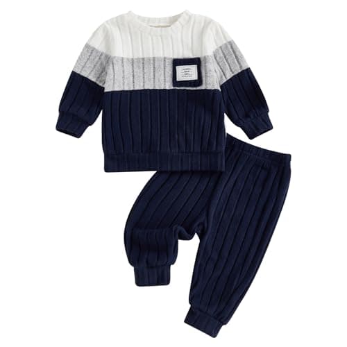 Image of Carolilly Toddler Baby Boys Girls Outfits Plush Long Sleeve Contrast Sweatshirts Tops Pullover + Elastic Waist Solid Color Pants 2Pcs Tracksuit Kids Fall Winter Clothes Set (Blue, 2-3 Years)