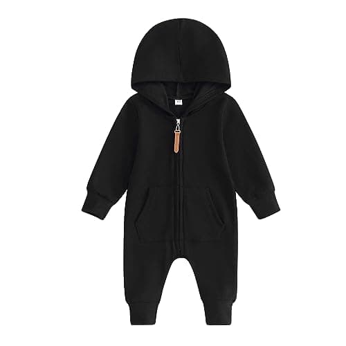 Image of Caziffer Newborn Baby Girls Boys Zip up Jumpsuit Fall Spring Hooded Romper Long Sleeve Full Zip Front Full Length Solid Hoodie Onesie for Toddlers with Pocket (Black, 3-6 Months)