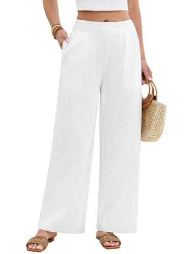 Image of PASUDA Womens Trousers Summer Cotton Wide Leg Pants Elasticated High Waist Loose Pants with Pockets Lightweight Palazzo Long Pants Solid Color Casual Beach Holiday Trousers (White, L)
