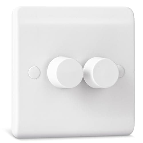 Image of Dimmer Light Switch, Double Wall Dimmer Switch for LED, Halogen & Incandescent Bulbs, Trailing Edge Technology 2 Gang, 1 Way/2 Way Rotary Switch, 3-150 Watts, White