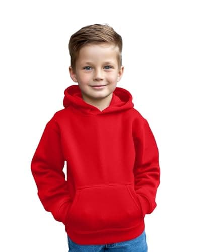 Image of Aykiz Kids Boys Girls Plain Pullover Hoodie, Sweatshirt, Fleece Hooded Jumper, PE School Jumper, Warm Coats Long Sleeve Top New Casual Fashion For Childrens Unisex Age 3-13 Years Red